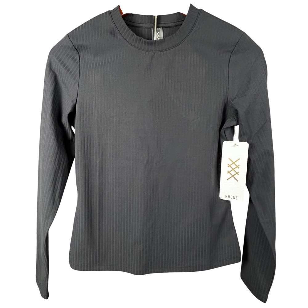 Rhone Womens Modern Ribbed Long Sleeve Top Black Goldfusion‎ Anti-Odor Small NEW